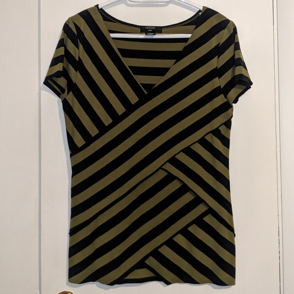 Verve Ami, Large, olive and navy striped shirt